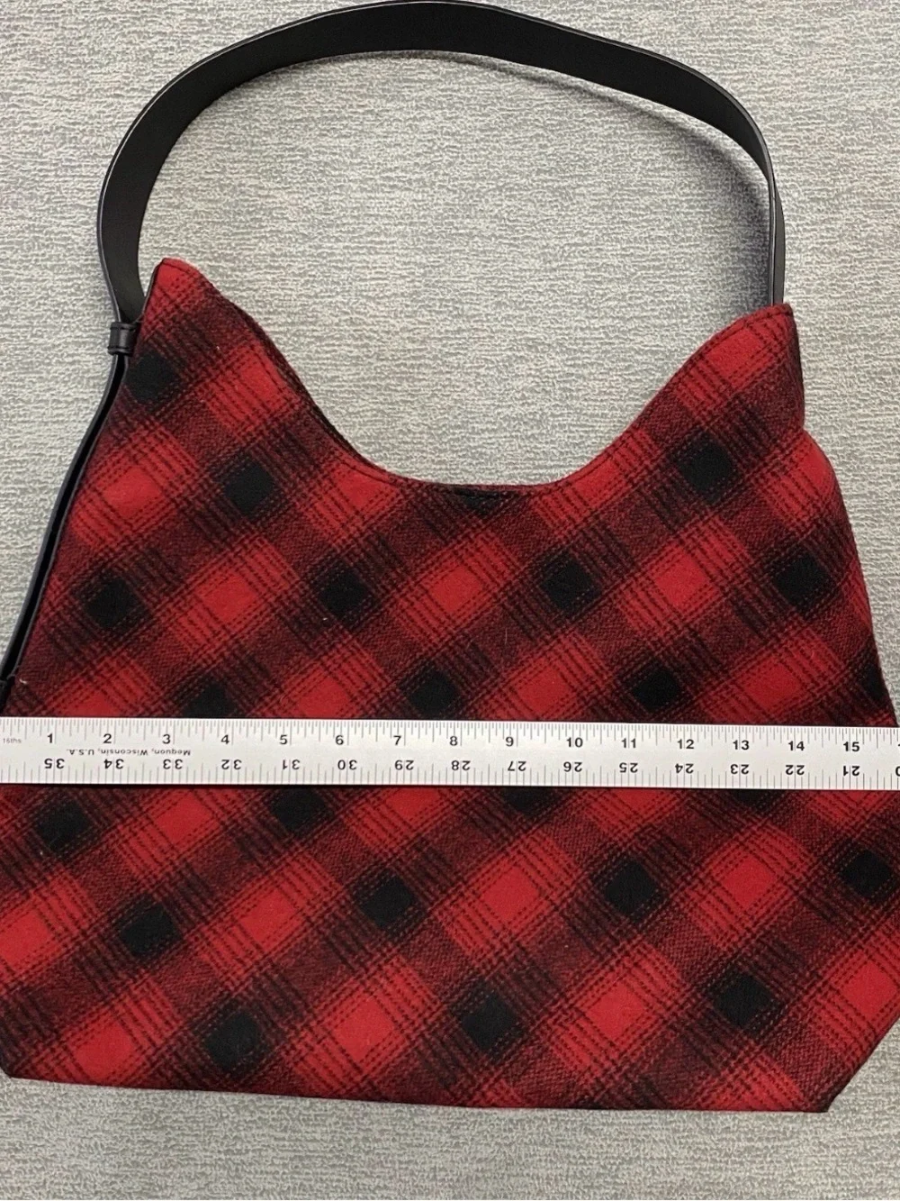 Large J Jill Wool Red and Black Plaid Hobo Bag with Leather Strap NWT